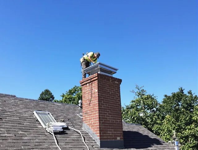Northborough Chimney Sweep technician measuring a chimney cap in Northborough, MA