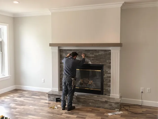 Northborough Chimney Sweep finishing a custom fireplace install in Northborough, MA